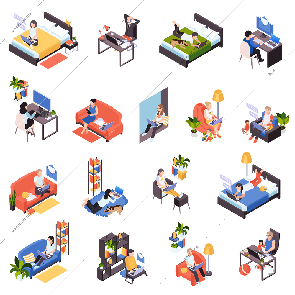 Work from home isometric icons set with distant teamwork remote time management messaging from bed vector illustration