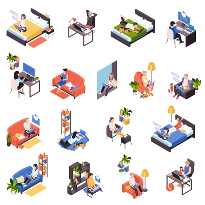 Work from home isometric icons set with distant teamwork remote time management messaging from bed vector illustration