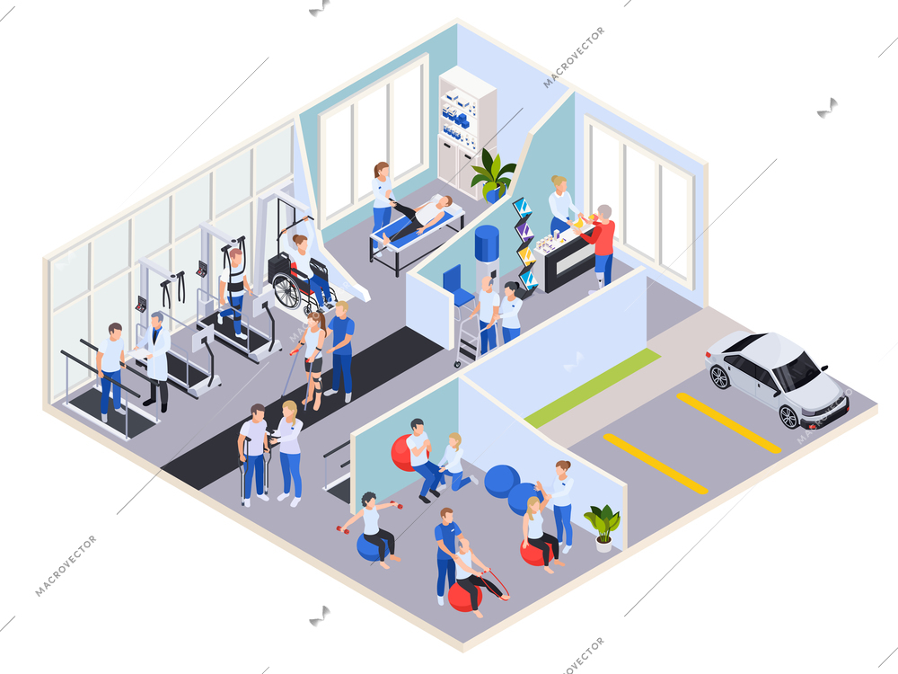 Medical rehabilitation physiotherapy center interior reception exercises massage treatment and exterior parking lot isometric view vector illustration