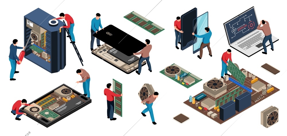 Isometric electronics appliances gadget repair service set with isolated human characters of repairmen with computer circuitry vector illustration