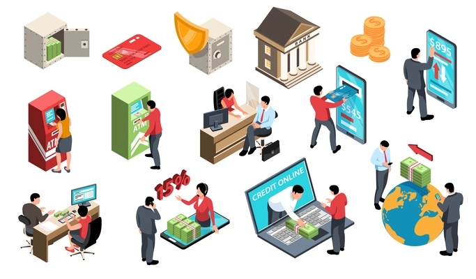 Isometric bank set of isolated icons with people interacting with atms and online services with money vector illustration