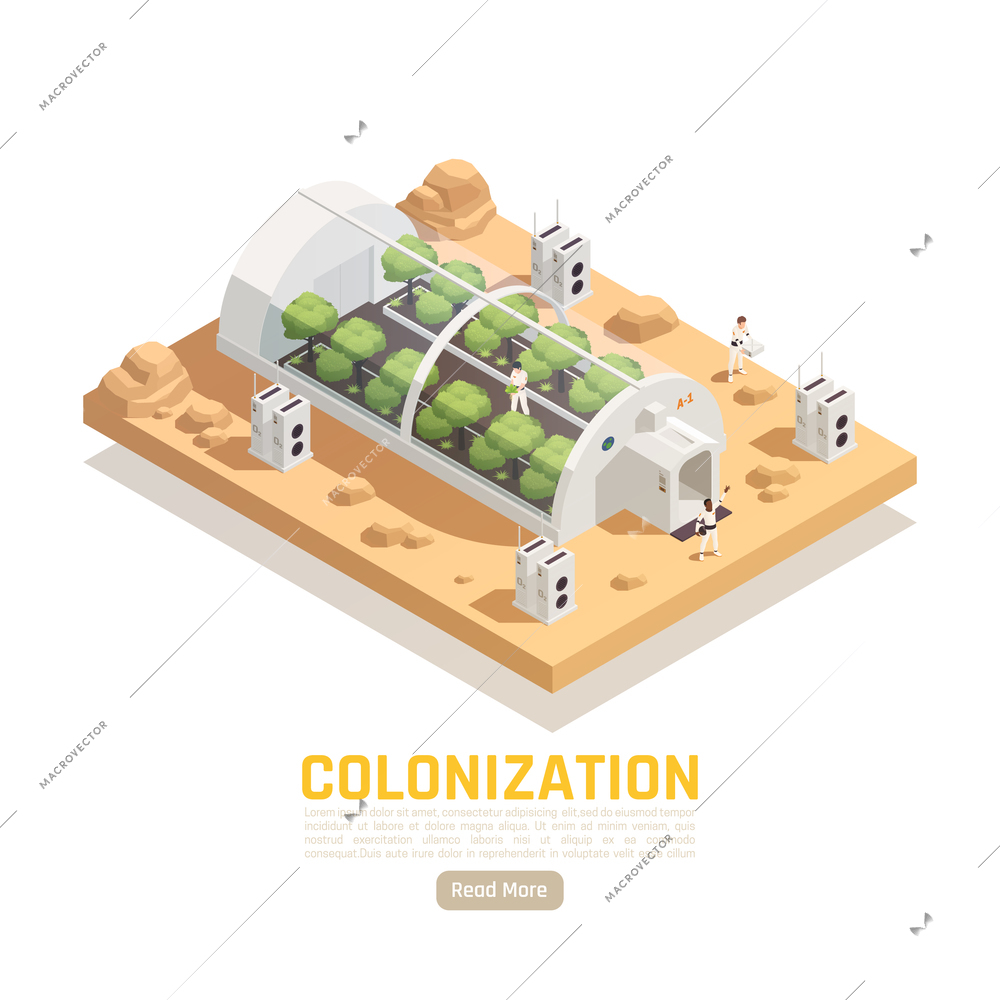 Space colonization terraforming isometric background with images of hothouse on extraterrestrial terrain editable text and button vector illustration