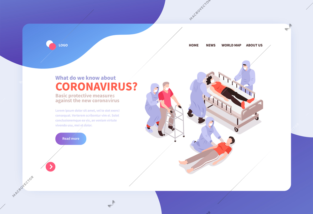 Isometric medicine virus coronavirus concept banner website with doctors patients and clickable links with editable text vector illustration