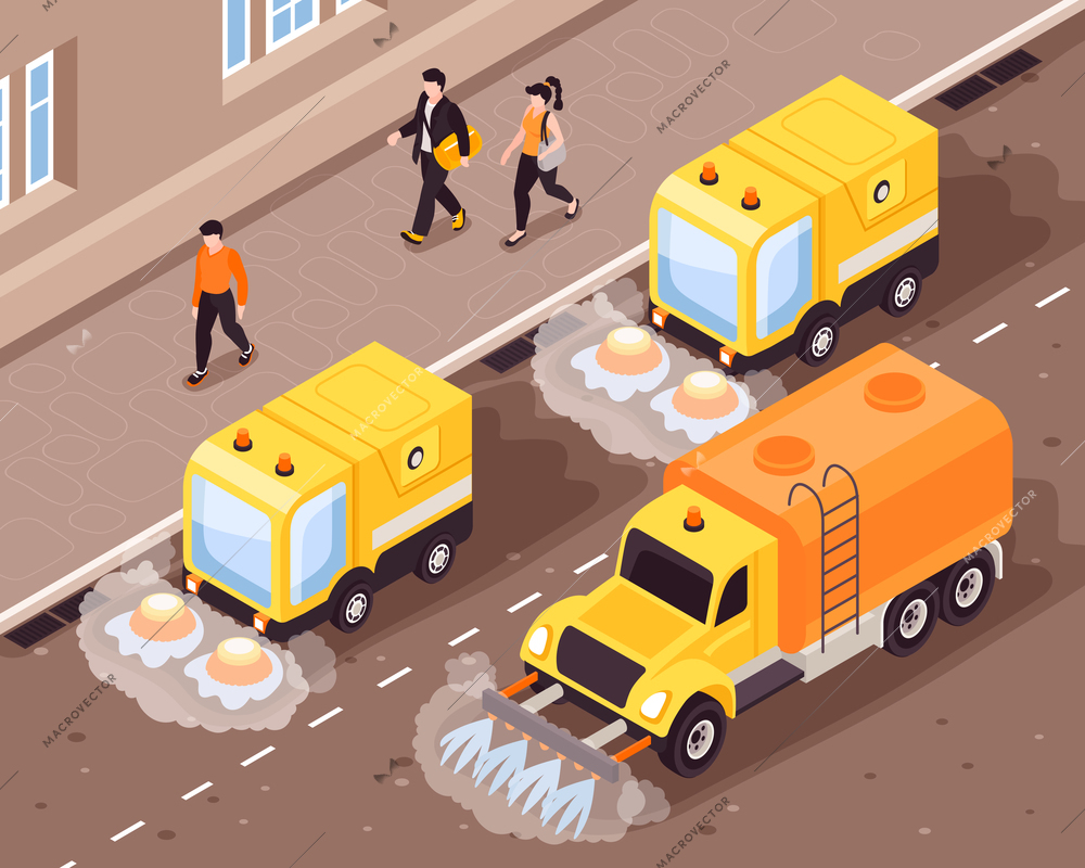 Isometric cleaning road composition with outdoor street scenery people and moving vehicles cleaning the asphalt covering vector illustration