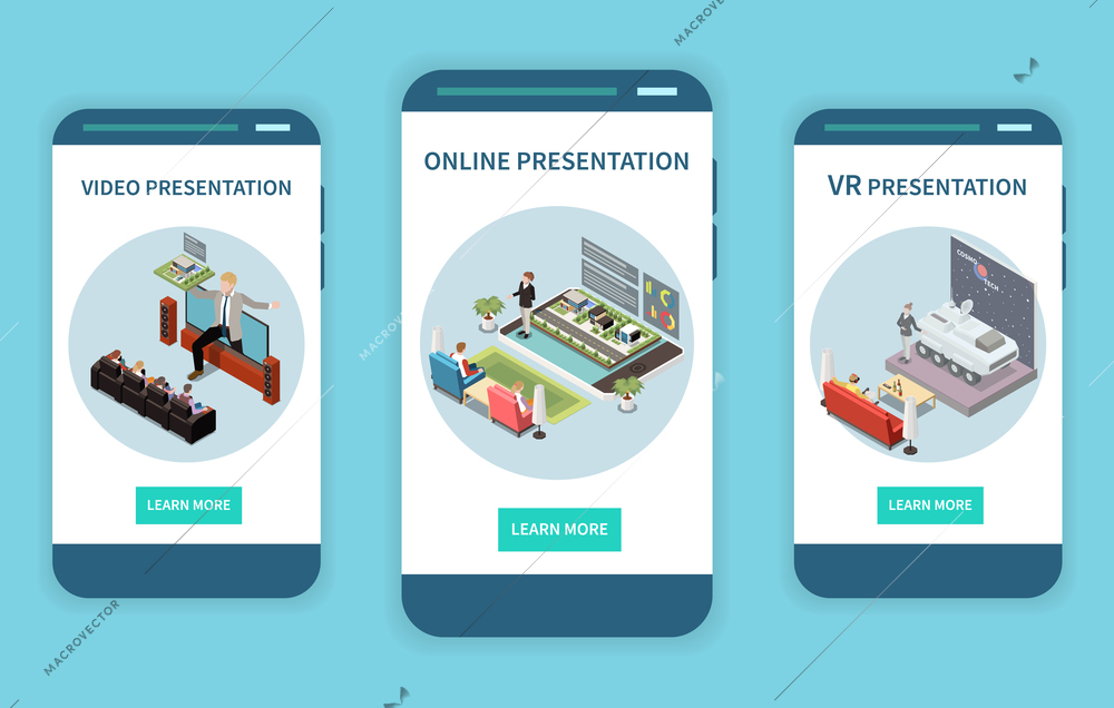 Online video presentation set with modern technology symbols isometric isolated vector illustration