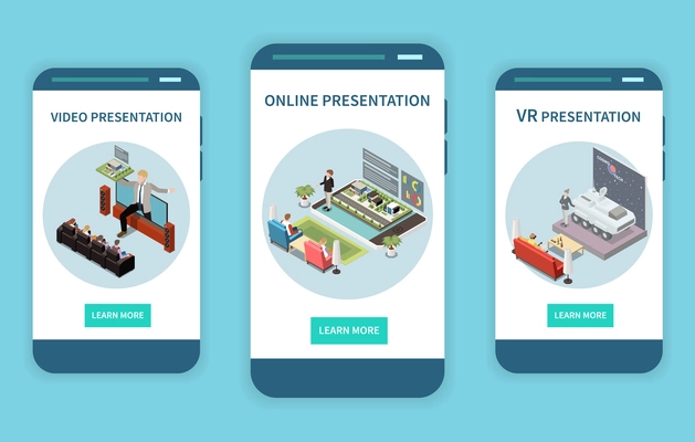 Online video presentation set with modern technology symbols isometric isolated vector illustration