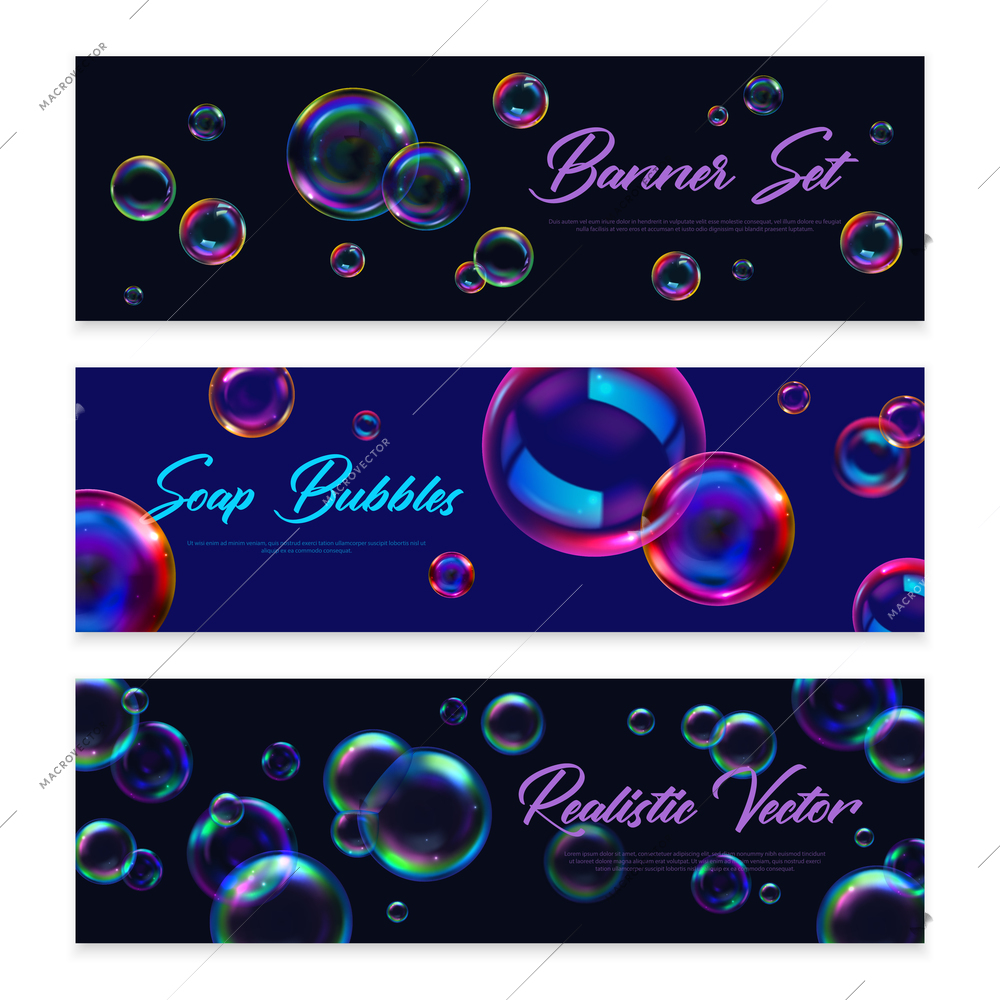 Soap bubbles realistic horizontal banners set isolated vector illustration