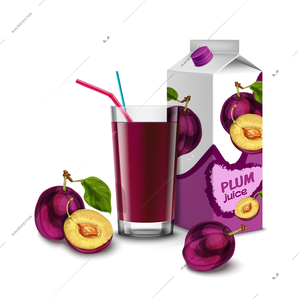 Realistic plum juice glass with cocktail straw and paper pack isolated on white background vector illustration