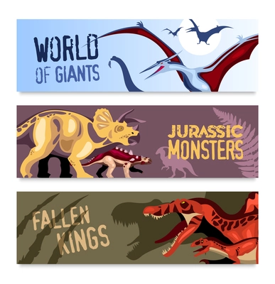 Dinosaurs horizontal banners set of cartoon compositions with flying giants and jurassic monsters of mesozoic era vector illustration