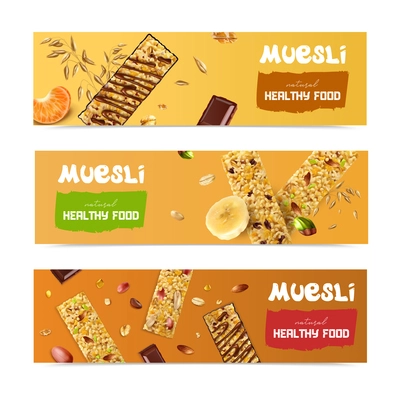Realistic muesli set of three horizontal banners with biscuit images seeds fruit pieces and editable text vector illustration