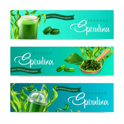 Realistic spirulina horitontal banners set with images of ripe seaweed and ready products with ornate text vector illustration