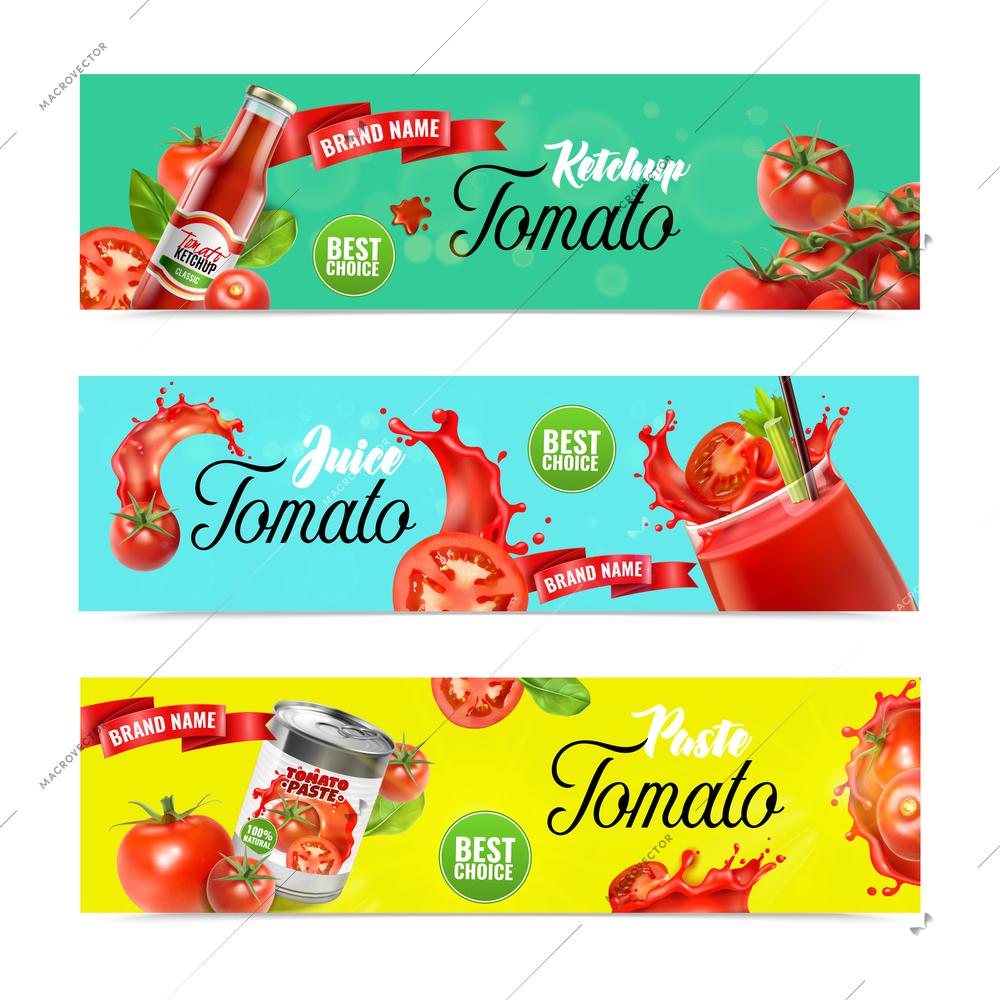 Realistic tomato horizontal banners set with ornate text juice splashes and ripe vegetables with ready products vector illustration