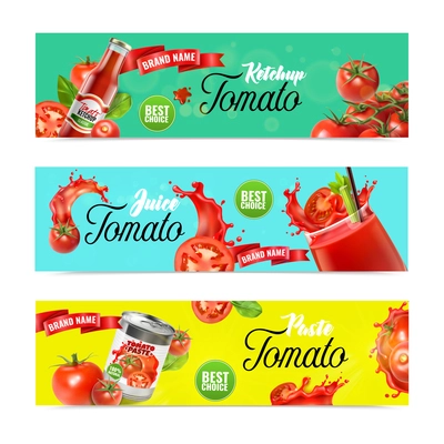 Realistic tomato horizontal banners set with ornate text juice splashes and ripe vegetables with ready products vector illustration