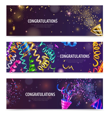 Night party celebrations popper serpentine confetti 3 realistic festive background horizontal congratulation banners isolated vector illustration