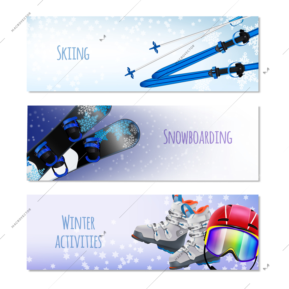 Winter activities isolated horizontal banners with sport equipment for skiing and snowboarding realistic vector illustration