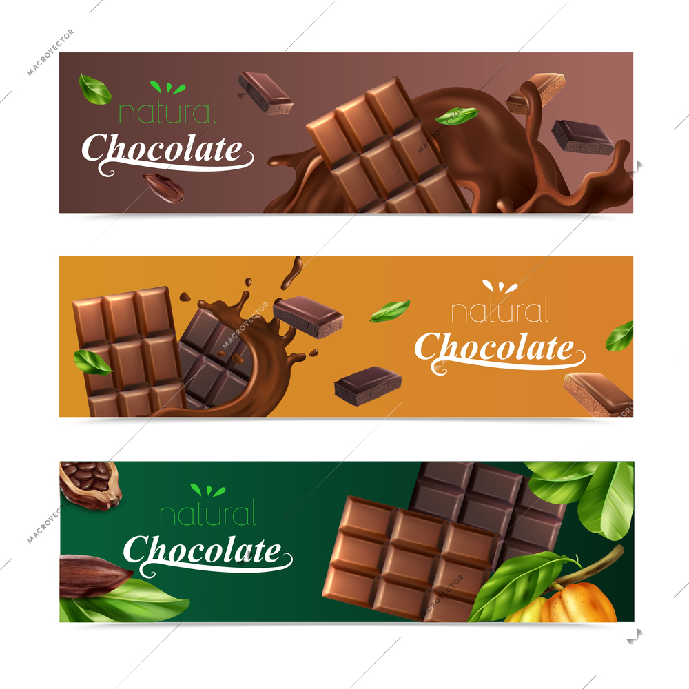 Cocoa horizontal banners set with natural chocolate bars and cocoa beans isolated vector illustration