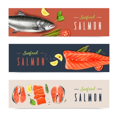 Seafood realistic horizontal banners with whole and chopped salmon rosemary mint and lemon slices isolated vector illustration