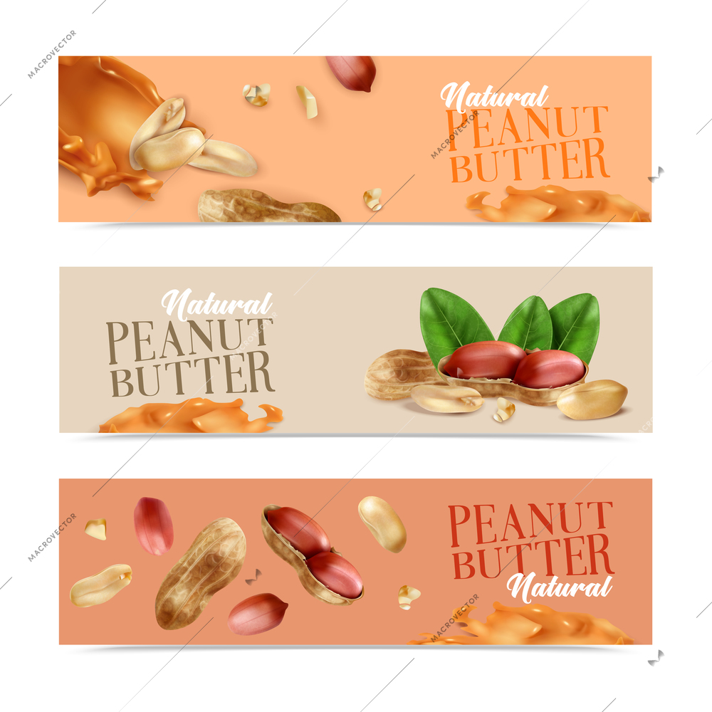 Natural peanut butter horizontal banners with peeled nuts and nuts in shell realistic vector illustration