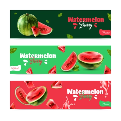 Watermelon horizontal banners with whole and chopped striped fresh berries realistic vector illustration