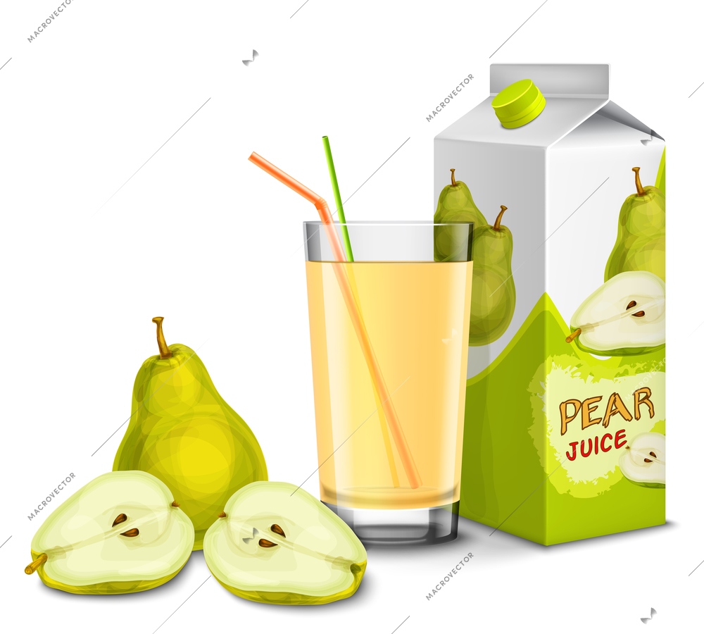 Realistic pear juice glass with cocktail straw and paper pack isolated on white background vector illustration