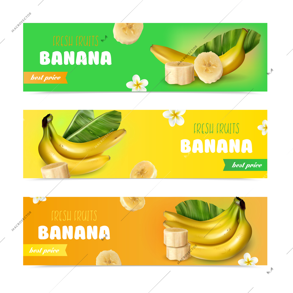 Banana realistic horizontal banners with advertising of fresh fruits and best price isolated vector illustration