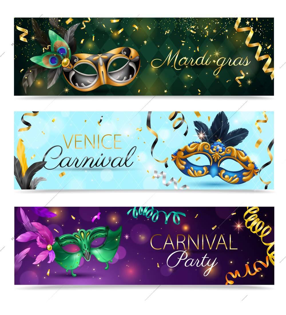 Three realistic carnival mask horizontal banner set with mardi gras venice carnival and carnival party headlines vector illustration