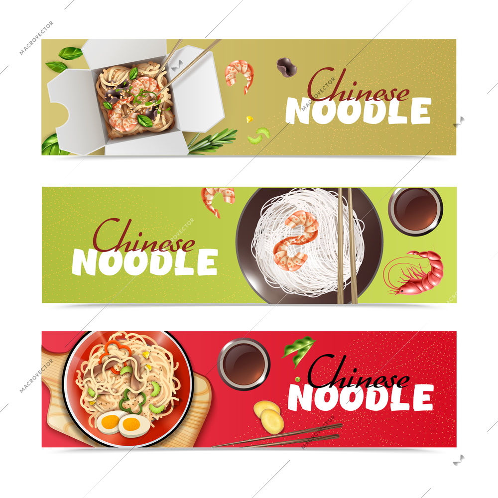 Chinese noodles 3 realistic advertising asian food advertising horizontal banners with stir fry wok dishes vector illustration