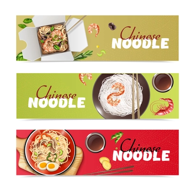 Chinese noodles 3 realistic advertising asian food advertising horizontal banners with stir fry wok dishes vector illustration