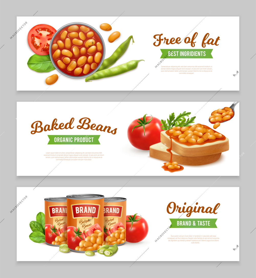 Horizontal banners set with organic tinned baked beans realistic isolated vector illustration