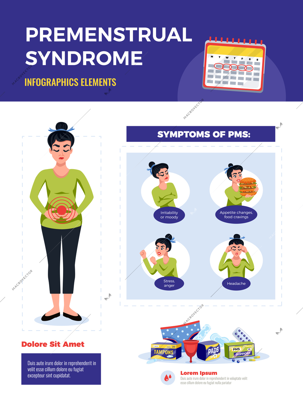 Pms woman poster with premenstrual syndrome symptoms of pms and infographics elements vector illustration