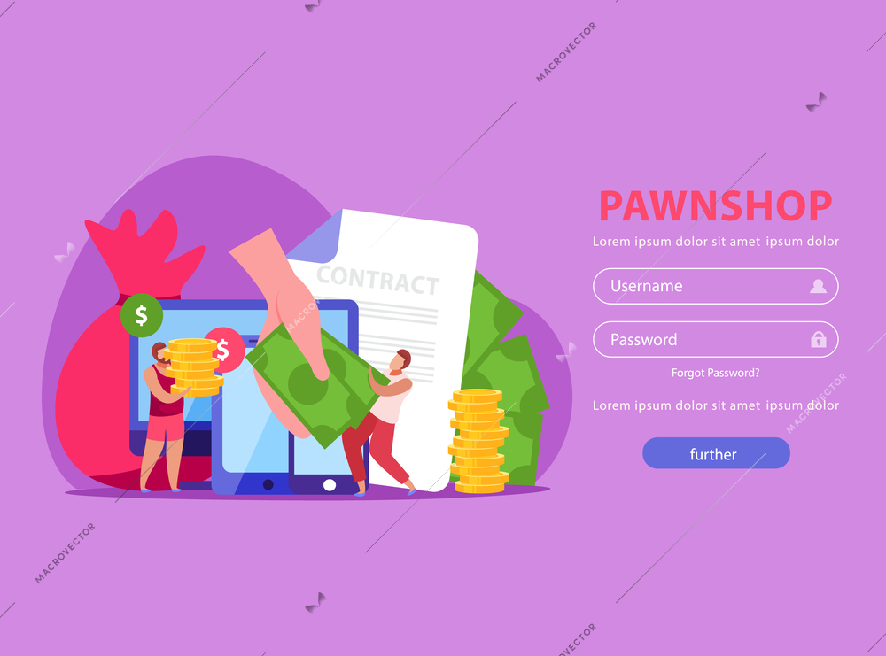 Pawnshop flat background with login page clickable button and doodle images of people contract and money vector illustration