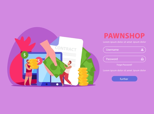 Pawnshop flat background with login page clickable button and doodle images of people contract and money vector illustration
