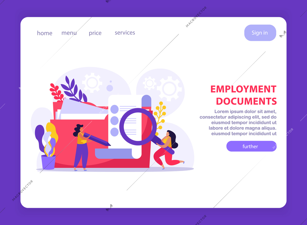 Employment service and employment documents flat composition with web page clickable links text buttons and images vector illustration