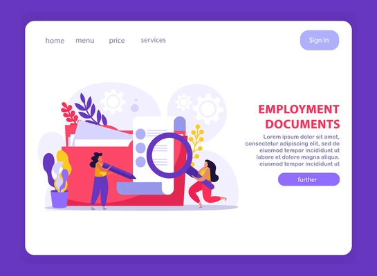 Employment service and employment documents flat composition with web page clickable links text buttons and images vector illustration