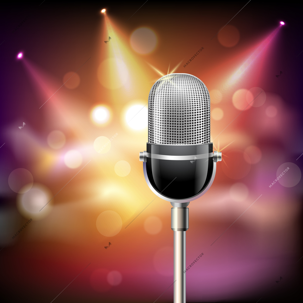 Retro music microphone musical equipment emblem on stage background vector illustration.