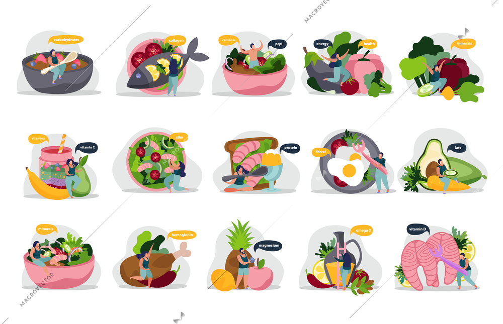 Healthy and super food flat recolor set of isolated icons with people products and thought bubbles vector illustration