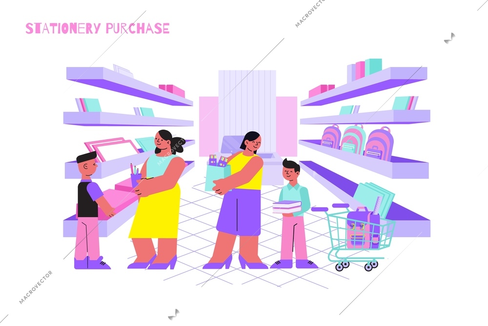 Parents with children making purchases in stationery shop flat vector illustration