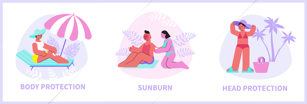 Sun protection compositions with flat human characters sunburn body skin protection methods with editable text captions vector illustration