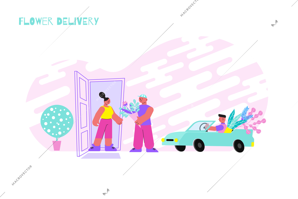 Flower delivery flat composition with text and images of opened door and delivery guys with car vector illustration