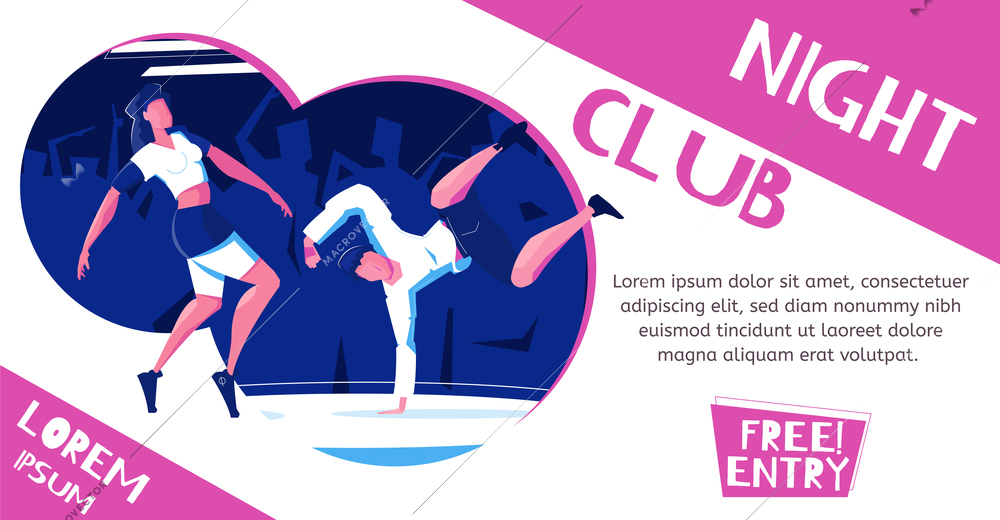 Night club horizontal banner for advertising purposes with flat images of dancing people with editable text vector illustration