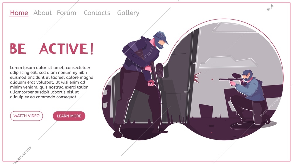 Leisure activities flat landing page with two adult men playing paintball explanatory text and contact information vector illustration