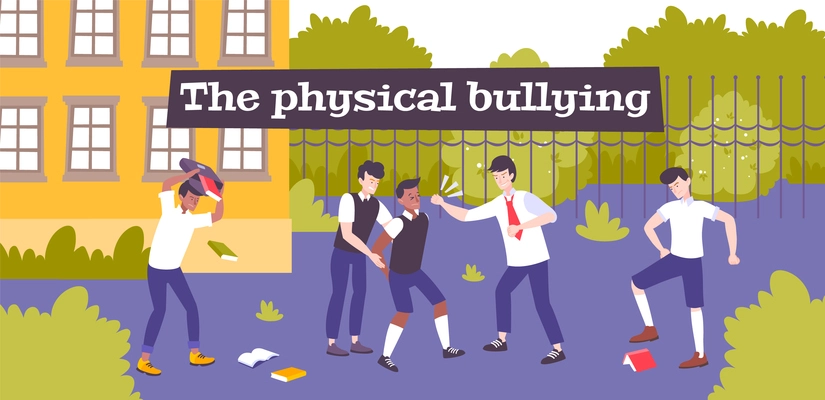 Physical bullying flat composition with school backyard scenery and group of violent children beating their mate vector illustration