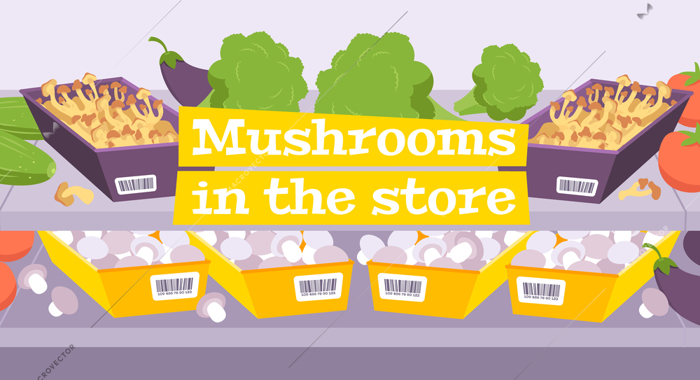 Mushrooms shop composition with images of store shelves filled with vegetables and mushrooms with editable text vector illustration