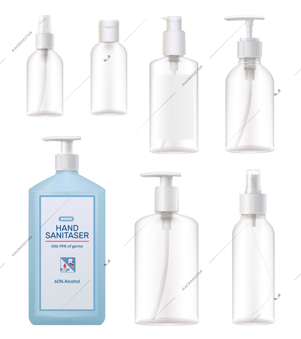 Hand sanitizer full and empty refillable various shapes sizes realistic dispenser clear pump bottles set vector illustration