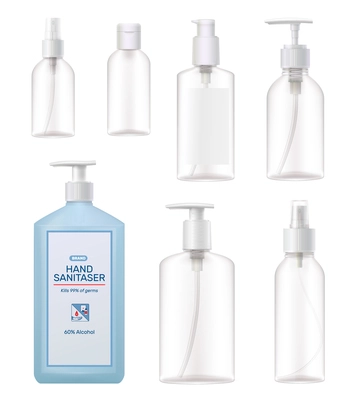 Hand sanitizer full and empty refillable various shapes sizes realistic dispenser clear pump bottles set vector illustration