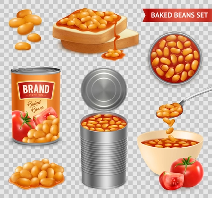 Beans baked in tomato sauce in can bowl on bread slices isometric realistic set transparent vector illustration