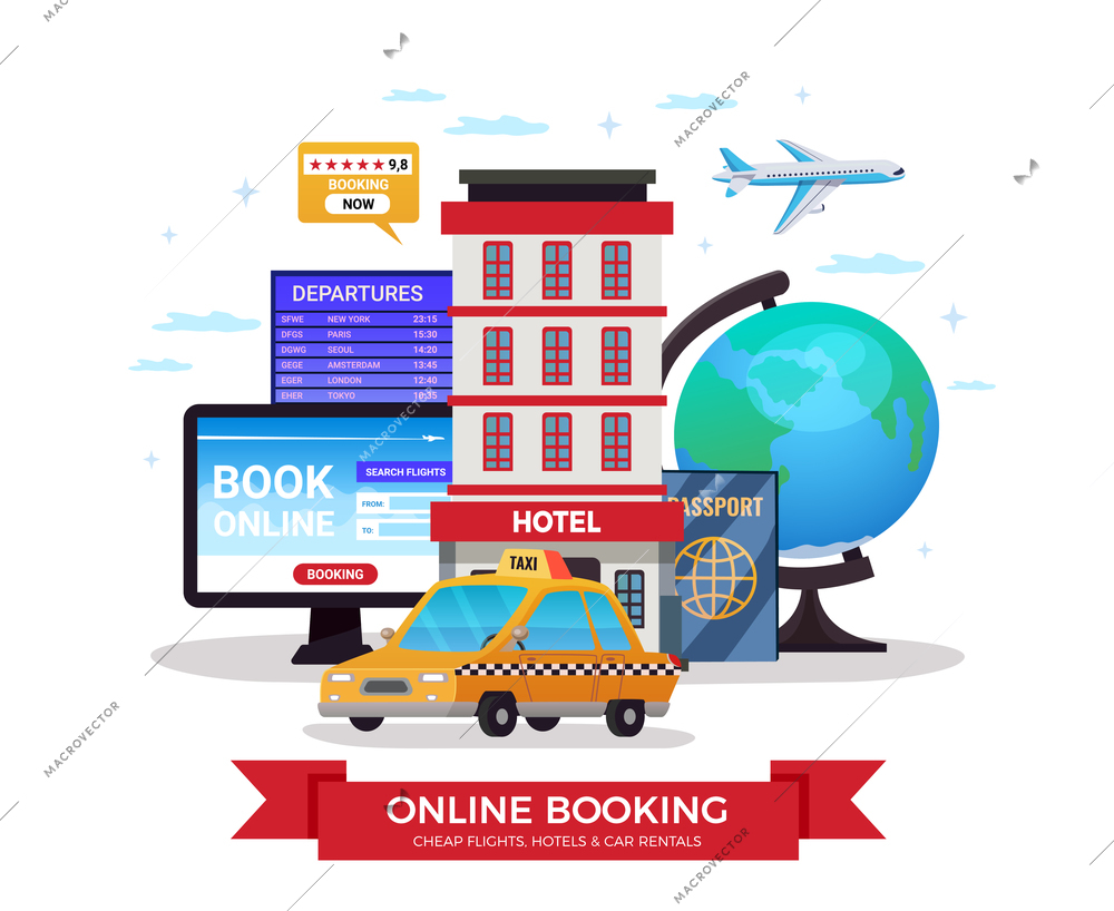 Travel tourism booking composition with online booking headline of taxi hotel tickets vector illustration