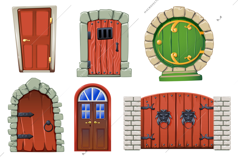 Doors cartoon set with modern and fairytale doors isolated vector illustration