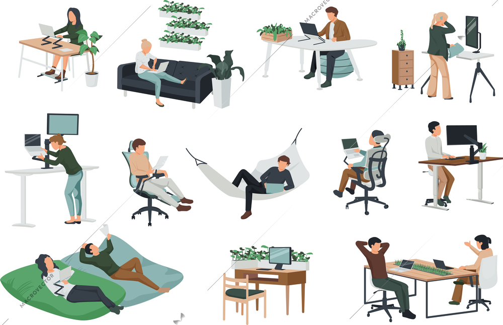 Flat icons set with people and their contemporary workspace isolated on white background vector illustration