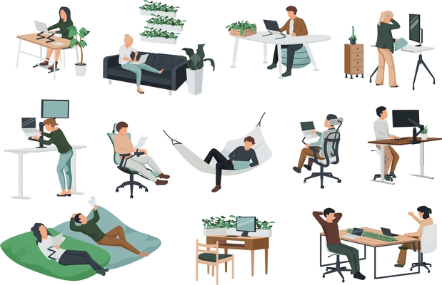 Flat icons set with people and their contemporary workspace isolated on white background vector illustration